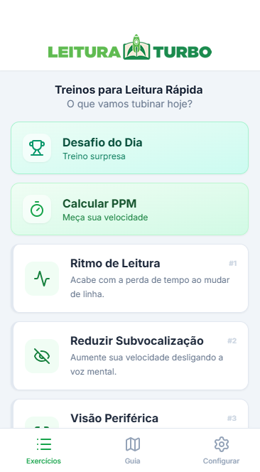 Tela do Aplicativo Leitura Turbo mostrando os exercícios